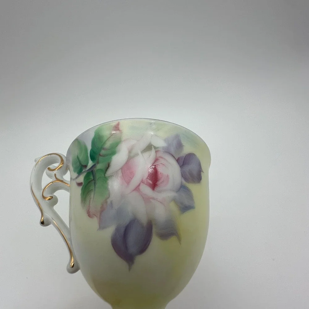 Lefton China Hand Painted Rose Teacup and Saucer Set CY222 Pink Yellow Gold Trim